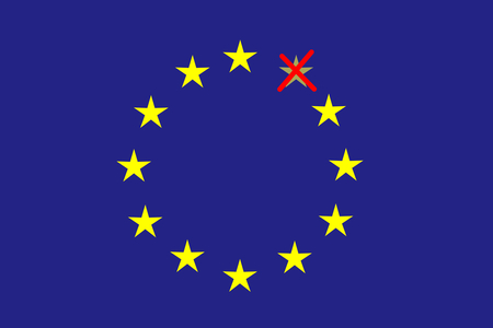 On the blue horizontal rectangle formed a circle of twelve yellow stars one of which is red crossed out. Fantasy on a theme leaving the European Union.のイラスト素材
