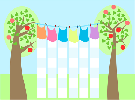 School timetable styled like laundry drying on a clothesline among the trees on which they are ripened apples. Without text. Simple stylized flat graphic.のイラスト素材