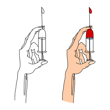 Hand holding a syringe tip up thumb squeeze excess air with a drop of liquid. A typical hand movement medic. Stylized digital artwork.のイラスト素材