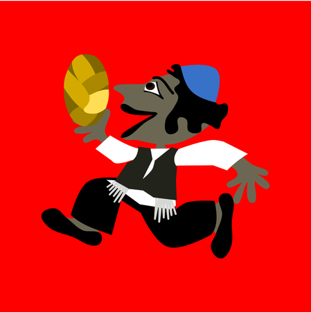 Little black-haired boy in blue yarmulke running and holding a braided bun or bread. Simple flat stylized illustration isolated on red background.のイラスト素材