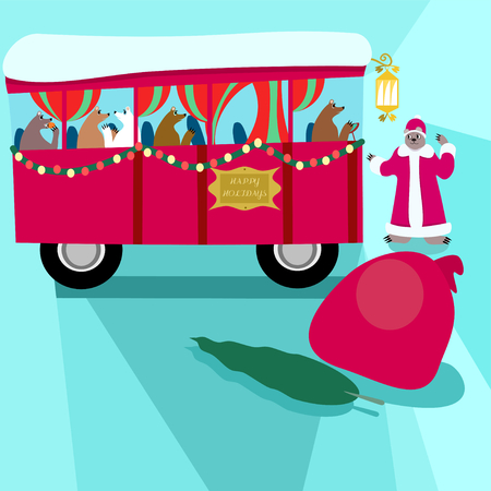 Snowy Christmas bus with bears stopped Santa with tree and a sack of gifts.のイラスト素材