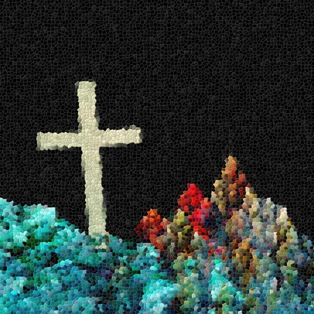Conceptual fractal illustration of cross in mountains - religion symbol shape  for God, Christ, religious spiritual, Jesus, belief or resurrection - in mosaic styleの写真素材
