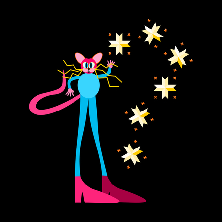 A spiked pink blue rat with long legs throwing sparks or snowflakes isolated on a black background - cartoon illustrationのイラスト素材