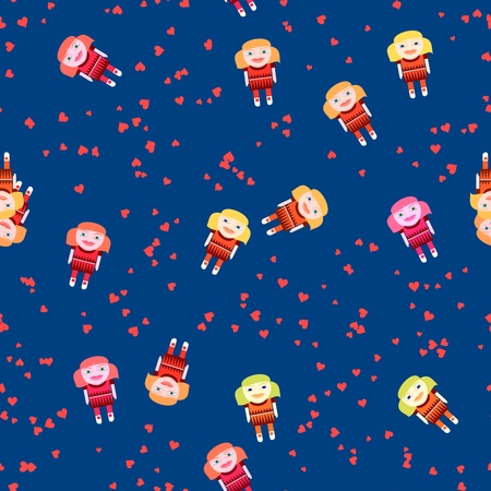 Playful seamless pattern with cute doll and red hearts on cobalt blueの写真素材