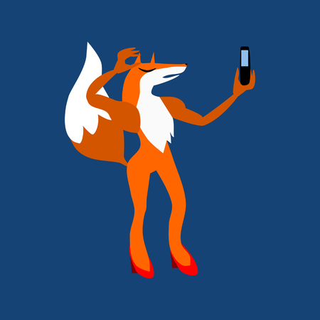 A beautiful young fox in red slippers photographing a selfie.のイラスト素材