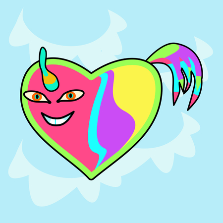 Very stylized unicorn in the shape of a heart without limbs with a corner and a tailのイラスト素材