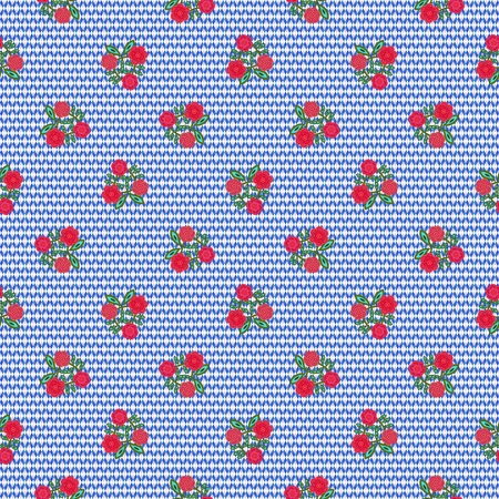 Blue white geometric design with red flowers - decorative floral tile with using rendered and hand...