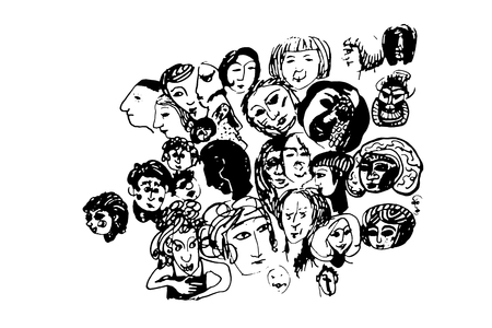 chaotic drawing of stylized human headsの写真素材
