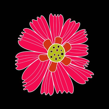 Design element flower pink bloom with yellow target white contour on black backgroundのイラスト素材