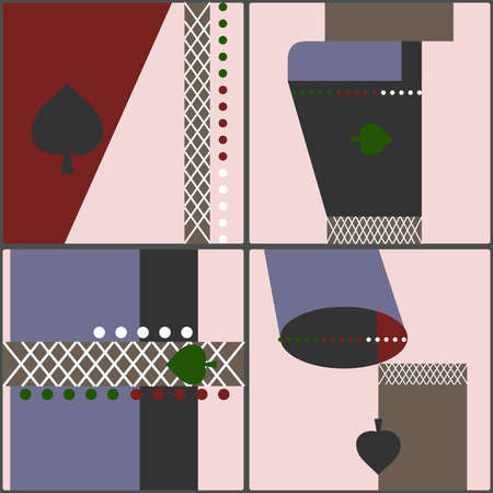 Set of four tiles in retro cubist style with a motif of geometric shapes and spadesのイラスト素材