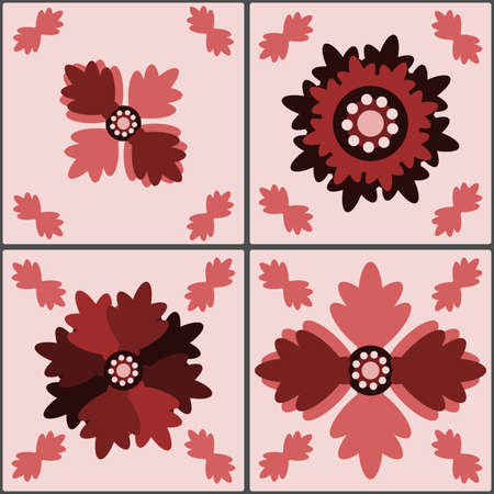 Set of retro country stylized floral tiles in red shadesのイラスト素材