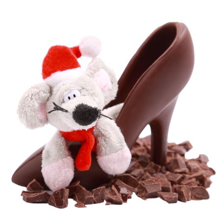 Chocolate slices, mouse in chocolate shoe isolated on white backgroundの写真素材