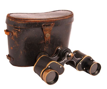 Old binoculars and leather case isolated on whiteの写真素材