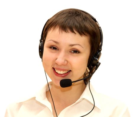 Young woman with microphone smile at cameraの写真素材
