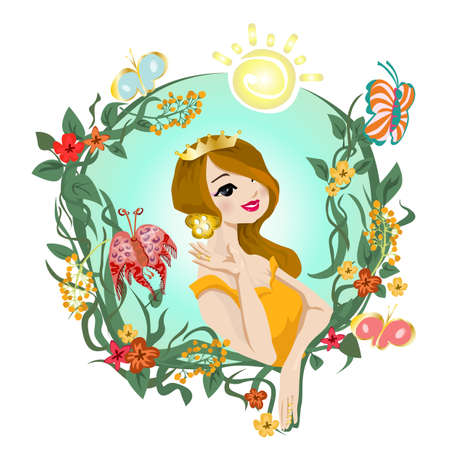 Princess with floral and sun border illustrationのイラスト素材