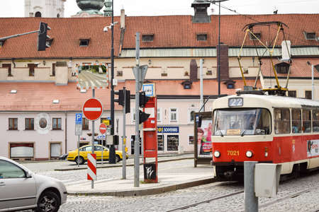Prague. Czech Republic. 20 June 2015 View of the old red tram at the stop in the old town.のeditorial素材