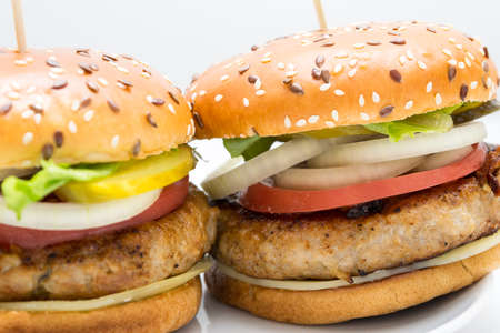 A great view of a big hamburger with tomatoes, onion, cucumber on a white plateの写真素材