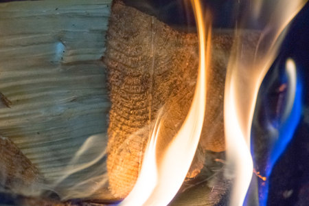View of burning wood in the fireplace.の写真素材