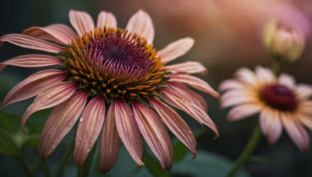 Close up of purple echinacea flowers blooming in a garden.の素材