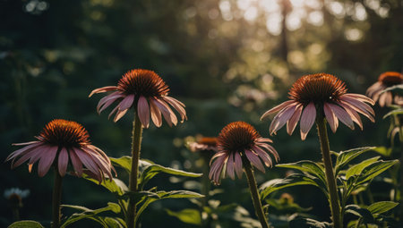 Close up of purple echinacea flowers blooming in a garden.の素材