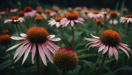 Close up of purple echinacea flowers blooming in a garden.の素材