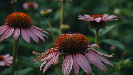 Close up of purple echinacea flowers blooming in a garden.の素材