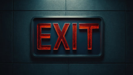 A sign with the word EXIT on a dark backgroundの素材