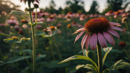 Close up of purple echinacea flowers blooming in a garden.の素材