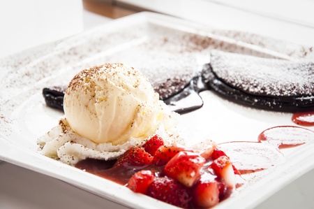 Ice cream with chocolate pancakeの写真素材