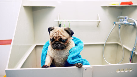 Funny wet pug dog after bathing, wrapped in a towel.の写真素材