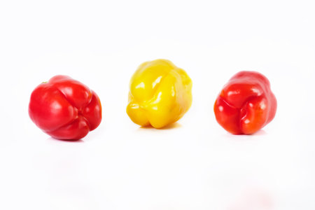 Red and yellow sweet pepper isolated on white background.の写真素材