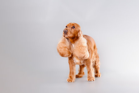English cocker spaniel after grooming on a gray background.