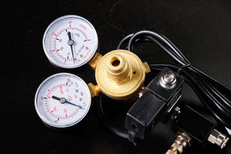 2 pressure gauges on the gearbox for monitoring the pressure of CO2 gas in the aquariumの写真素材