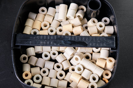 Ceramic material filler for the external filter of the aquarium in the basketの写真素材