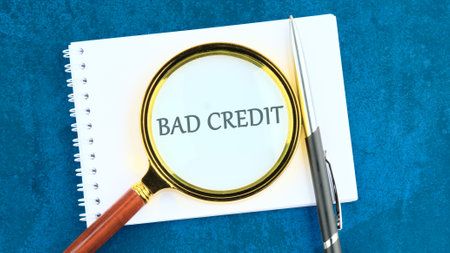 Bad Credit written through a magnifying glass on a blank sheet on a blue backgroundの写真素材