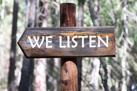 Listen concept. WE LISTEN on a piece of a wooden pole against the background of a forest