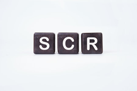 SCR word on dark cubes on a light background.