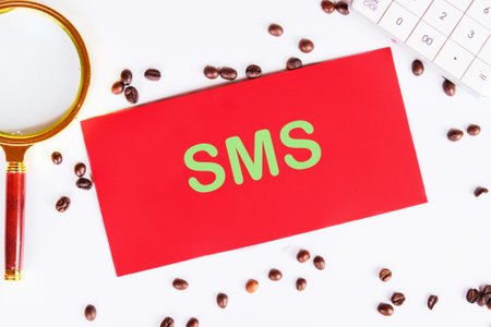 Communication Connection Technology Internet Concept. SMSon a red card on a white background in a...
