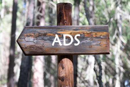 ADS word written on a wooden signpost against a forest backgroundの写真素材