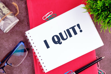 Life and business motivational inspirational concept. I QUIT there is a note in the notebook for actionsの写真素材