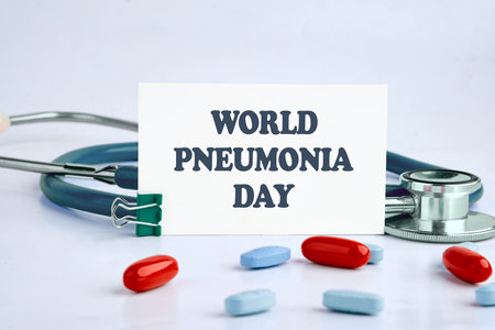WORLD PNEUMONIA DAY written on a white business card on a light backgroundの写真素材