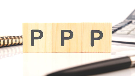 Business and Technology concept. Picture Push concept PPP assembled from wooden cubes on a white backgroundの写真素材