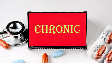 the word Chronic is written on a red business card with yellow textの写真素材