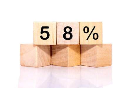 Business concept, close-up of 58 percent figure on wooden cubes on a white background.