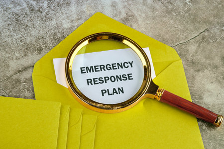 ERP as EMERGENCY RESPONSE PLAN written in a letter sticking out of a mustard-colored envelopeの写真素材