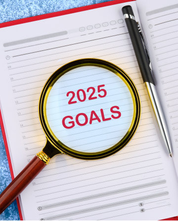 New Year New Start, Resolutions, Strategy, mission concept. 2025 GOALS in an open notebook through a...