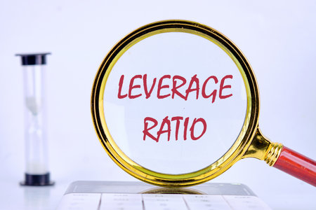 LEVERAGE RATIO text Close-up through a magnifying glass, conceptual photoの写真素材