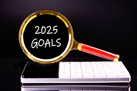 Copy space. 2025 GOALS written through a magnifying glass on a black backgroundの写真素材