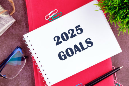 New Year New Start, Resolutions, Strategy, mission concept. 2025 GOALS there is a note in the notebook for actionsの写真素材