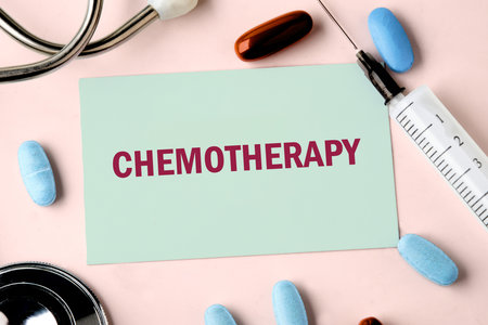 Chemotherapy creative concept. CHEMOTHERAPY word letters text on the business card, top view....